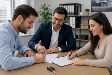 Despachante ajudando cliente com papéis e registro de transferência de veículo.