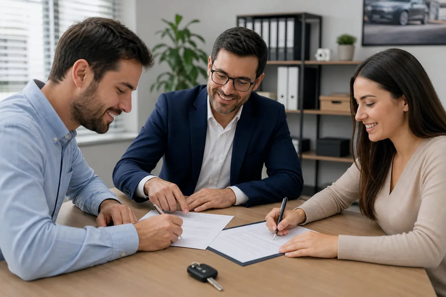 Despachante ajudando cliente com papéis e registro de transferência de veículo.