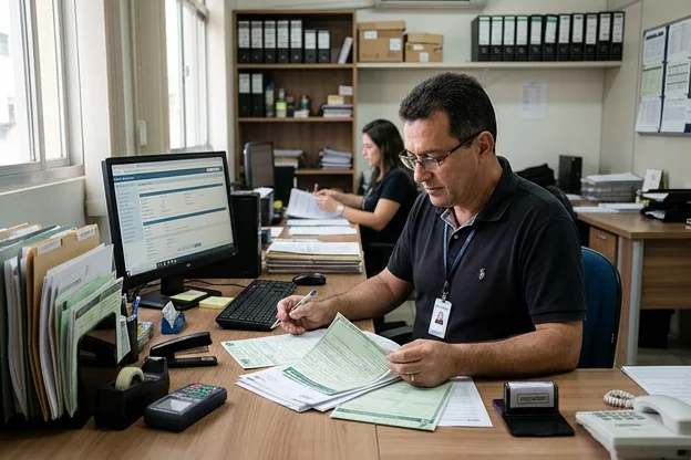 Despachante consultando documentos de licenciamento de veículo.