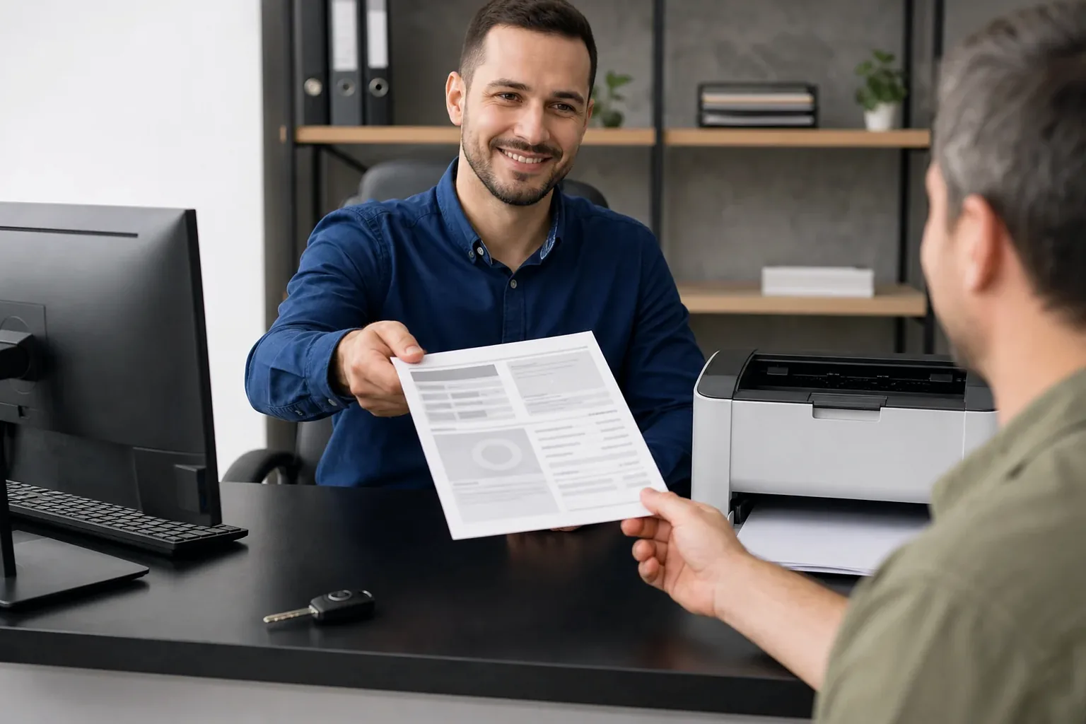 Despachante manuseando documentos e impressora, com foco em serviços de impressão de CRLV-e.