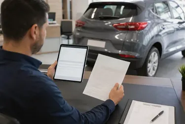 Despachante trabalhando ao computador, lidando com documentos de licenciamento de veículo.